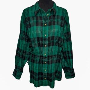 Lane Bryant Plaid Tie-Waist Button Down Tunic Top Green Gold Shimmer 22/24 Soft